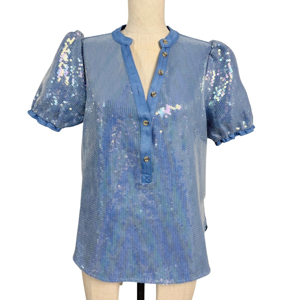 Anthropologie Pilcro Aly Sequin Denim Short Sleeve Button Top Blue‎ Size M NEW